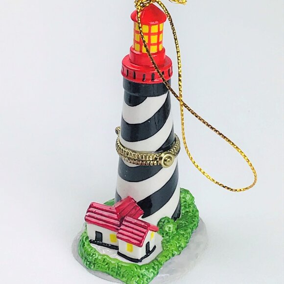 Black White Red Lighthouse Porcelain Hinged Trinket Box Christmas Ornament - Picture 1 of 4